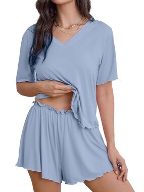 Bamboo Viscose 2 Piece Light Blue V Neck Pajama Short Set XL